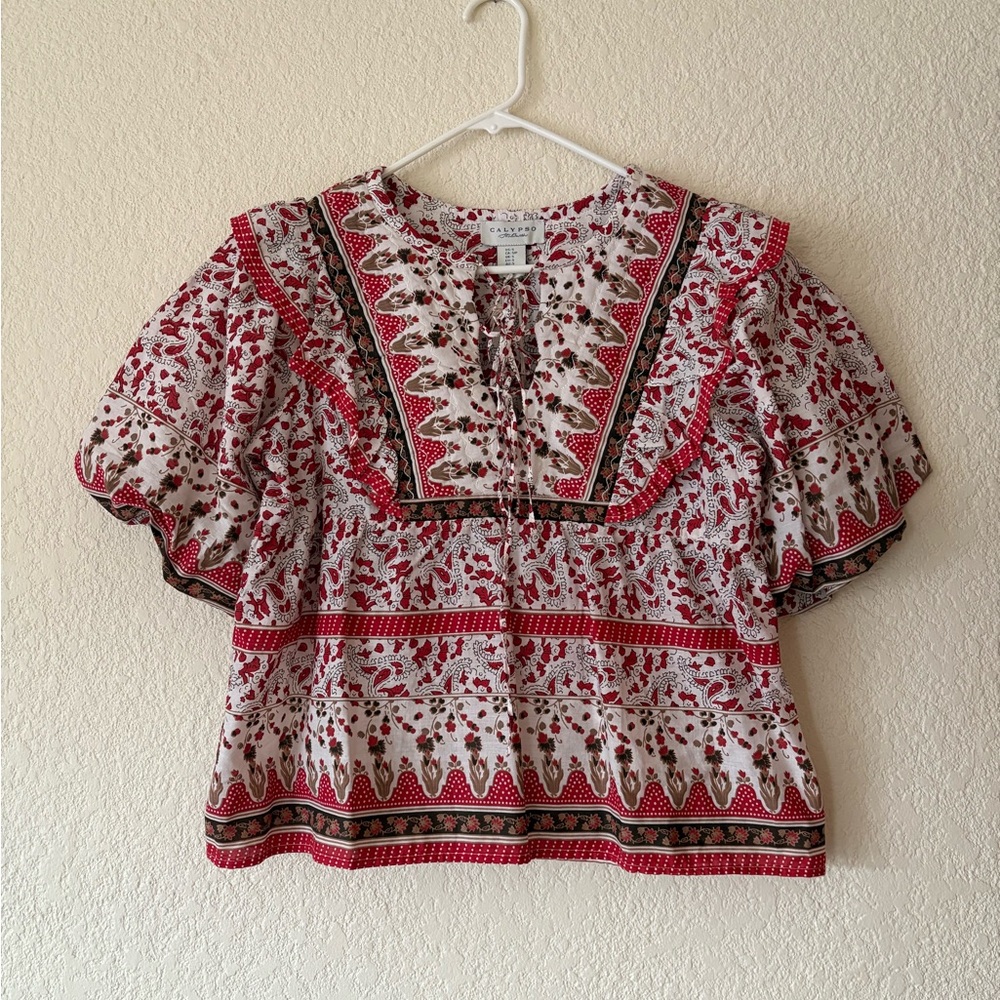 NWT Calypso St Barth Floral Ruffle Blouse Puff Sleeves Cream and Red Size Small